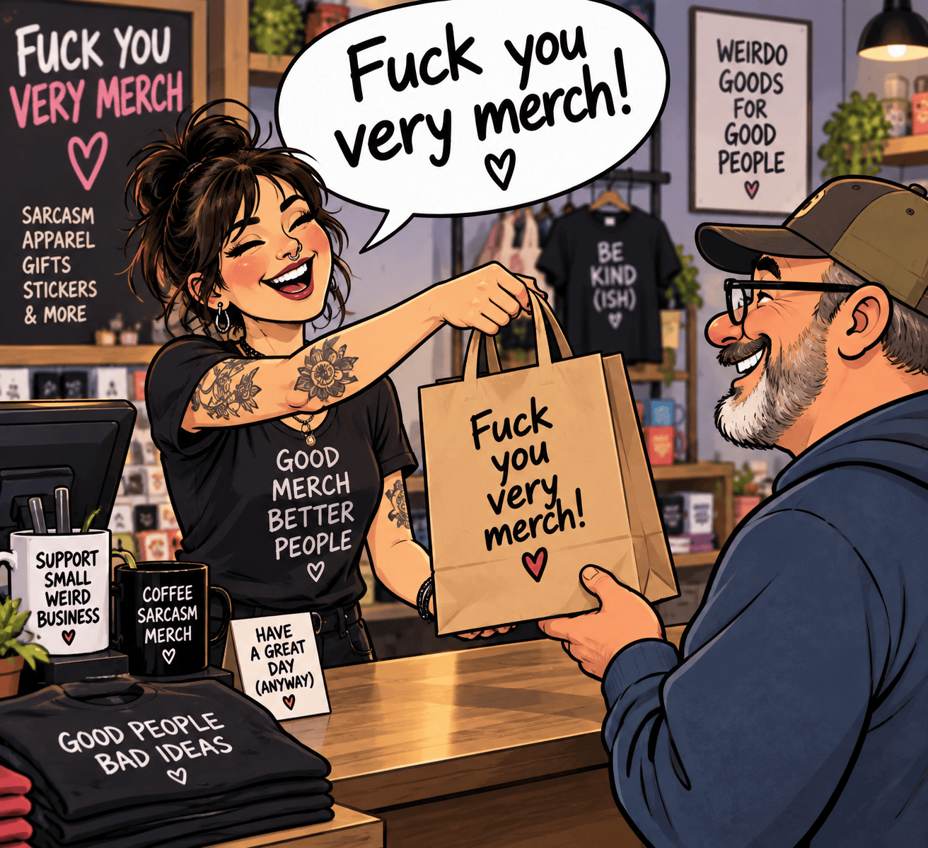 A smiling tattooed shopkeeper hands a delighted customer a bag that says Fuck you very merch!